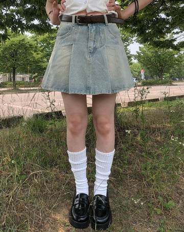 Sege Belt Denim Pleated Mini Skirt